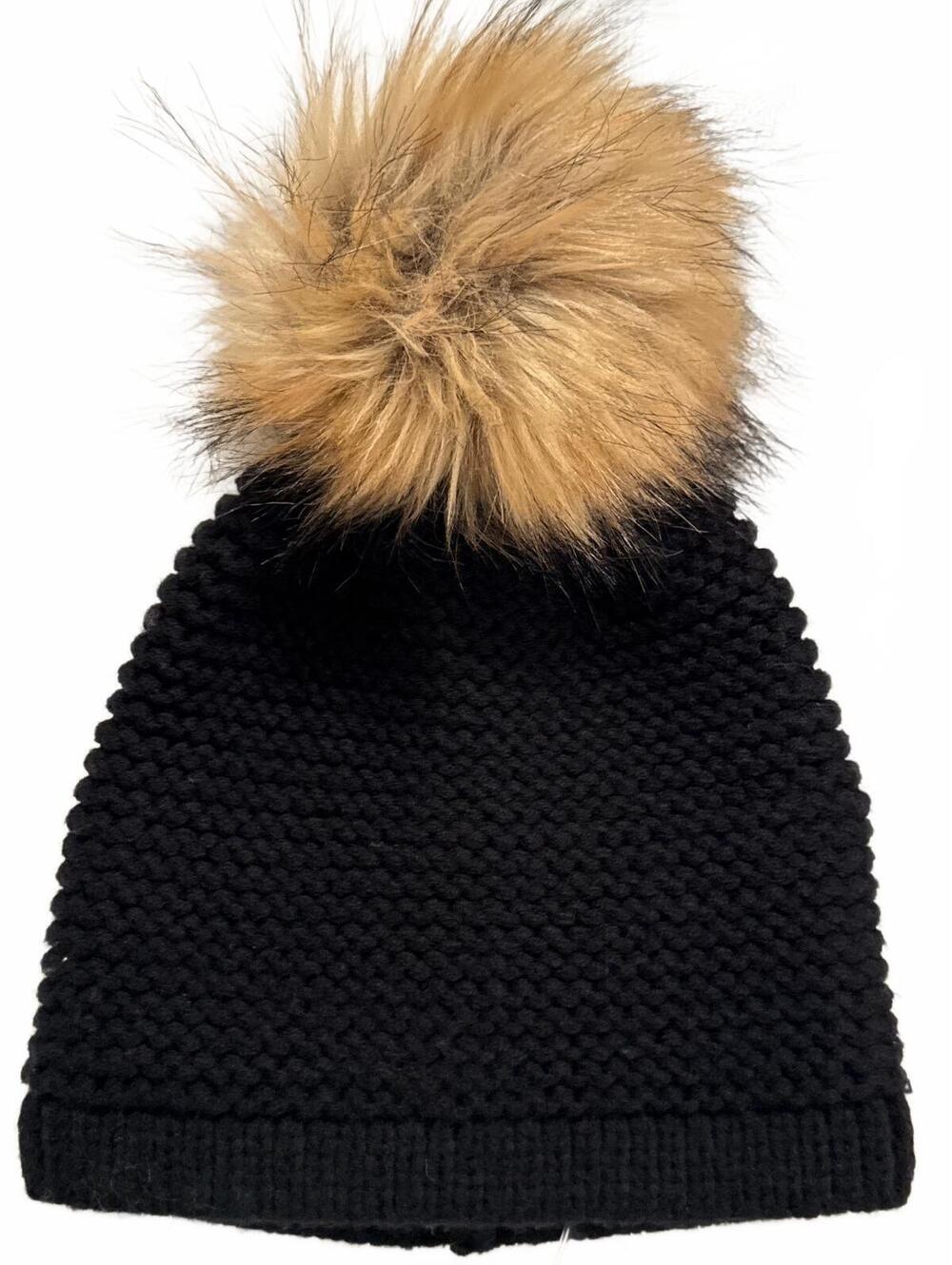 Kyi Kyi Knitted Women's Faux-Fur Pom Pom Beanie Hat, Black, One-Size, $65